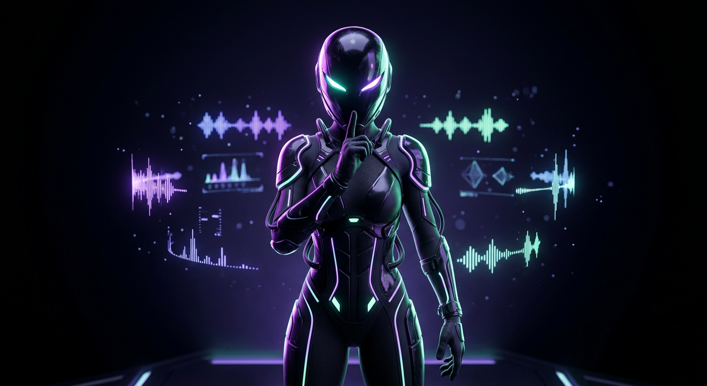 HUSHKA, a masked AI idol raising a finger to its lips amid glowing sound waves